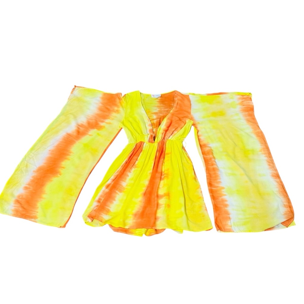 L'Atiste by Amy Mini Dress Vibrant Tie-Dye Kimono Dress V Neck HUGE Sleeves sz S